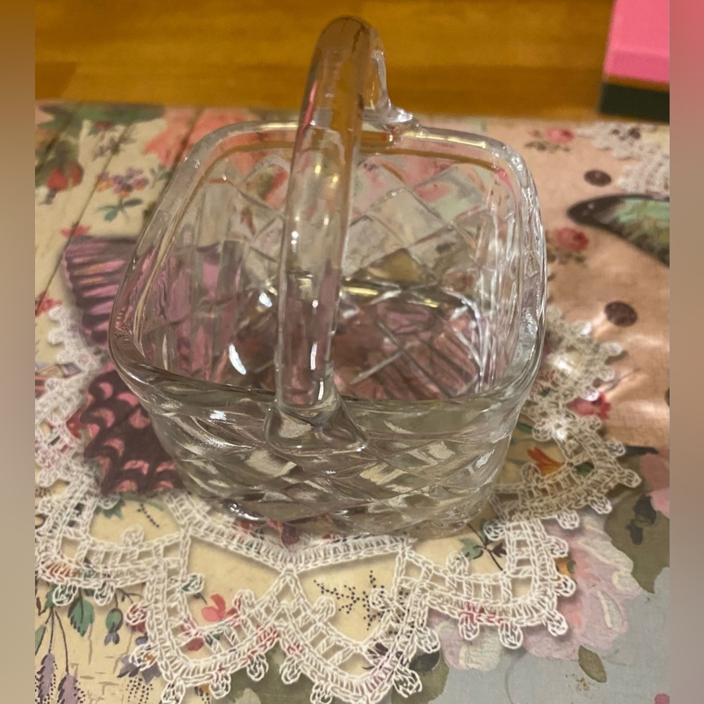 Vintage Clear Pressed Glass Basket Diamond Pattern Hand Blown Applied Handle